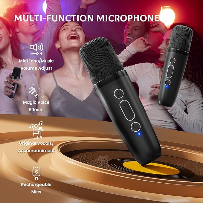 IROO Mini Karaoke Machine for Kids, 2025 TOP Toys Birthday Gifts Ideas for Girls Ages 4, 5, 6, 7, 8, 9, 10, 12+ Years Old, Portable MP3 Player with 2 Wireless Mics for Party(Black)-BubblyBeeBaby
