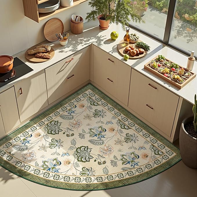 jinchan Floral Corner Rug for Entryway Washable Kitchen Rug Vintage Romance Design Non Slip Quarter Circle Lightweight Low-Pile Throw Carpet for Playroom Reading Nook Nursery, 4ft Radius, Green/Beige-BubblyBeeBaby
