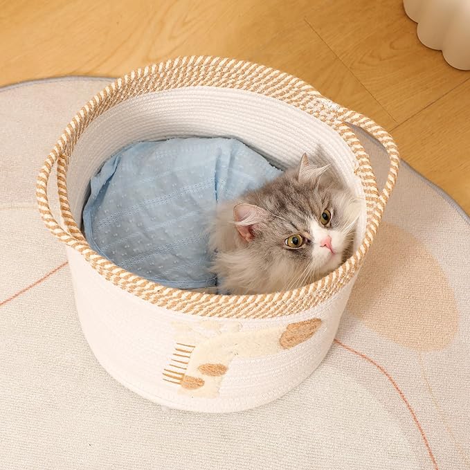 INough Toy Storage Baskets Woven Cotton Rope Storage Basket for Kids, Blanket Baskets for Living Room Toys Organizer with Embroidery Decor, Cute Baskets with Handle for Nursery, Playroom (Giraffe)-BubblyBeeBaby