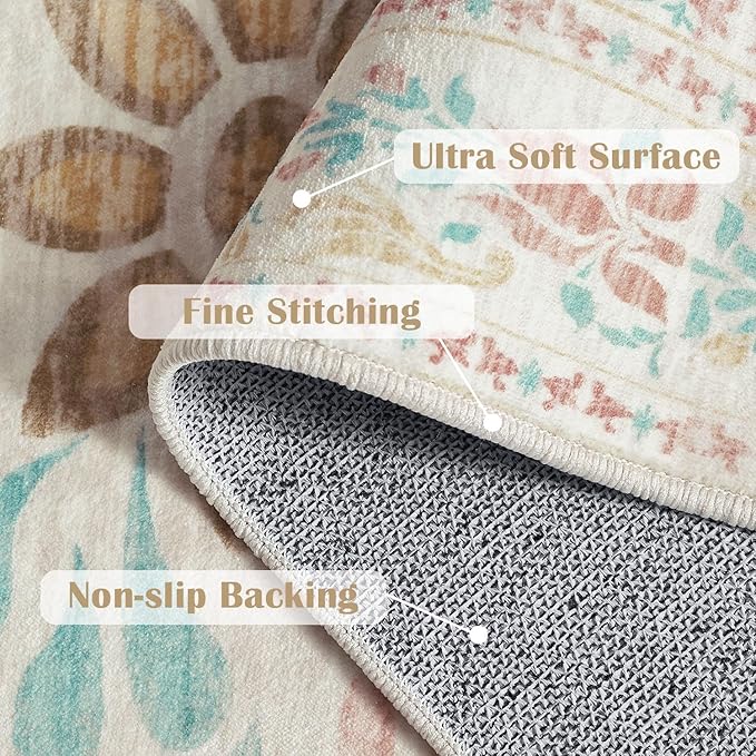 jinchan Vintage Floral 3x5 Area Rugs for Entryway - Machine Washable Distressed Design Ultra-Thin Low-Pile Soft Non-Shedding Carpet for Kitchen Bedroom Laundry Living Room (3x5ft,Apricot Multi)-BubblyBeeBaby