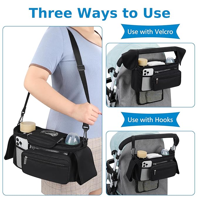 Accmor Universal Stroller Organizer with Insulated Cup Holder Detachable Phone Bag and Shoulder Strap,Stroller Bag Caddy Organizer Fits for Uppababy, Baby Jogger, Britax Strollers-BubblyBeeBaby