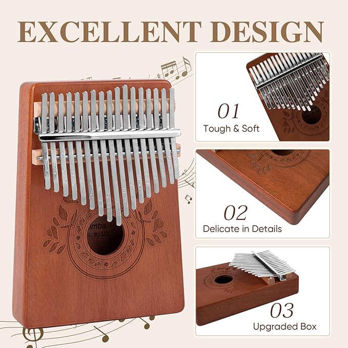 Kalimba Thumb Piano 17 Keys Instrument: Portable Mbira Finger Pianos Musical Gifts for Kids Adults Beginners - Mahogany Wood Handheld Piano with Tune Hammer, Music Book-BubblyBeeBaby
