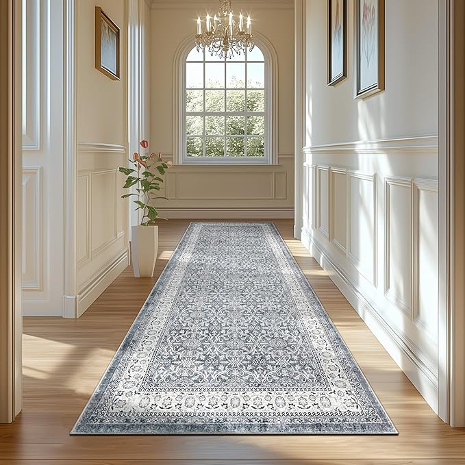 jinchan Hallway Runner Rug 3x10 - Machine Washable Grey Vintage Floral Distressed Design Soft Non-Slip Low-Pile Ultra-Thin Runner Rug for Kitchen Laundry Room Bedroom Farmhouse (3‘x10',Grey)-BubblyBeeBaby