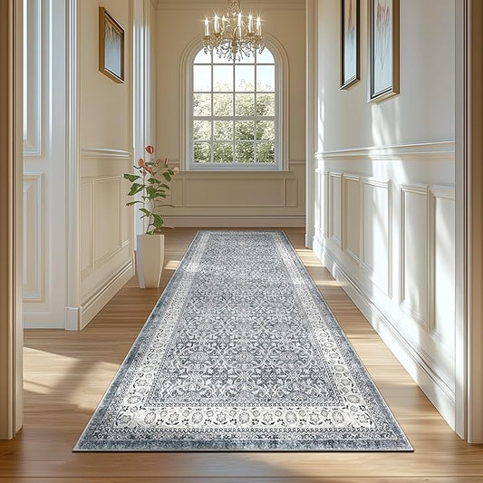 jinchan Hallway Runner Rug 3x10 - Machine Washable Grey Vintage Floral Distressed Design Soft Non-Slip Low-Pile Ultra-Thin Runner Rug for Kitchen Laundry Room Bedroom Farmhouse (3‘x10',Grey)-BubblyBeeBaby