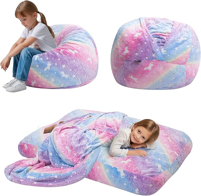 Kids Bean Bag Chair Turn into Beanbag Bed, Unicorn Toddler Bean Chair for Girl Boy Sleeping, Lazy Children Bean Bags with Filler, Convertible Child Floor Mattress, Colorful Rainbow-BubblyBeeBaby