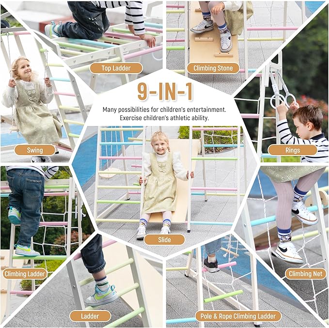 JAXPETY 9-in-1 Indoor Playground, Indoor Jungle Gym for Kids, Toddler Montessori Climbing Gym, Inside Play Gym with Slide, Swing, Monkey Bar, Ladder, Rings-BubblyBeeBaby