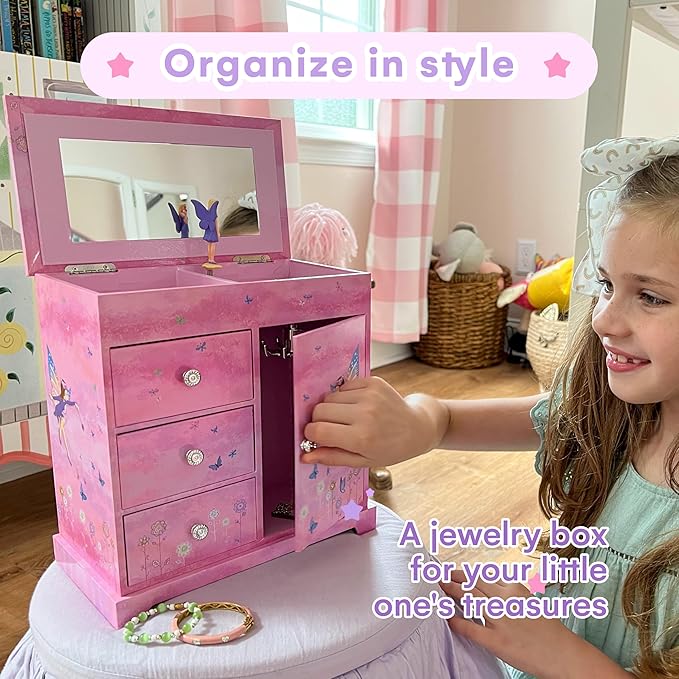 Jewelkeeper Jewelry Box - Jewelry Box for Girls with Ballerina Music Box - 3 Spacious Drawers, Necklace Carousel, Soft Pink Lining and Flowers Design - Sugar Plum Fairy Tune - 9.5 x 7.75 x 9.5 in-BubblyBeeBaby