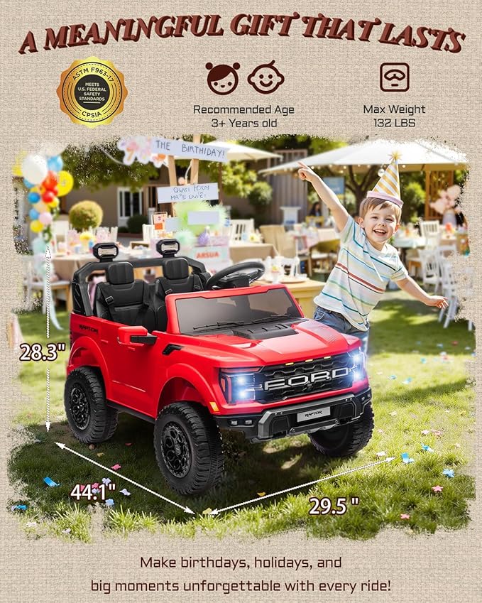 24V 2 Seater Ride on Toys for Kids, Licensed Ford F-150 Raptor Kids Electric Vehicles w/Remote Control, Power Pedal and Durable Wheels, LED Lights, Bluetooth, Truck Bed Storage (Red)-BubblyBeeBaby