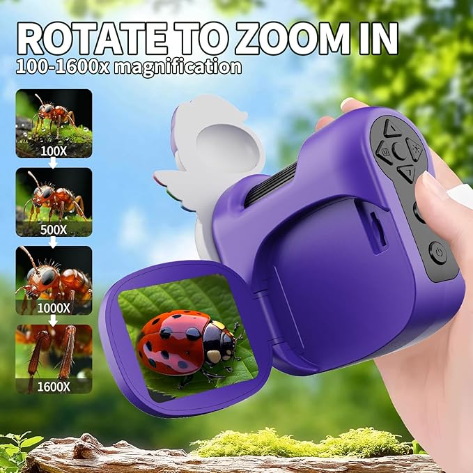 1600X Handheld Microscope for Kids 2" IPS Screen Kit Mini Pocket Digital Microscopes STEM Science with Slides Photo Video Rechargeable Portable Scope Gift for Ages 6-12 (Purple)-BubblyBeeBaby