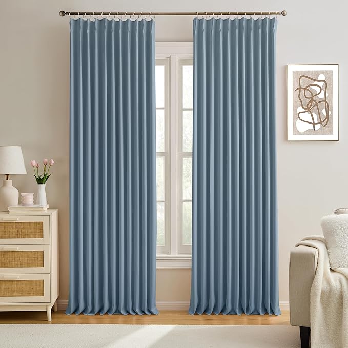 KEQIAOSUOCAI Pinch Pleated Blackout Curtain Drapes for Window 108" L - Triple Weave Energy Saving Thermal Room Divider Blackout Panels for Patio (72" Wide per Panel, 2 Panels, Dusty Blue)-BubblyBeeBaby