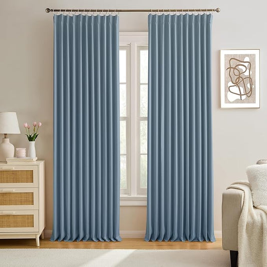 KEQIAOSUOCAI Pinch Pleated Blackout Curtain Drapes for Window 105" L - Triple Weave Energy Saving Thermal Room Divider Blackout Panels for Patio (72" Wide per Panel, 2 Panels, Dusty Blue)-BubblyBeeBaby