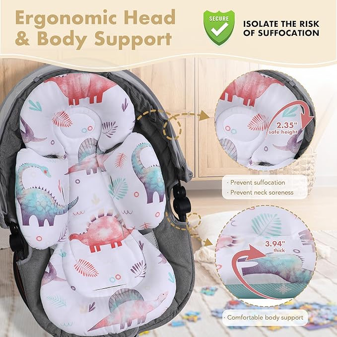 Infant Car Seat Insert, 2-in-1 Head & Body Carseat Support for Baby Newborn Toddler with Strap Covers, Reversible Ultra-Soft Cushion for Baby Carseat, Stroller, Swing & Bouncer-BubblyBeeBaby