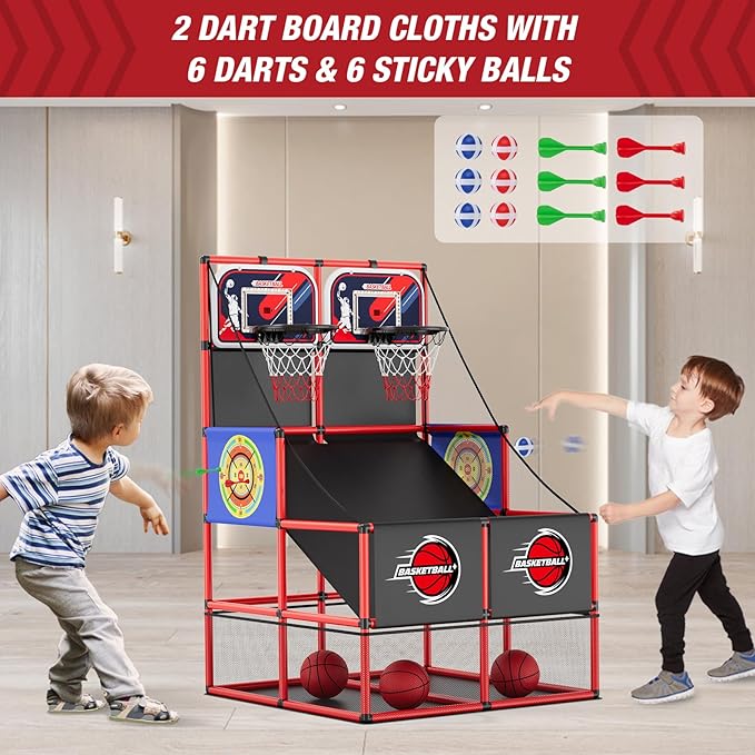 2 in 1 Dual Shot Basketball Arcade Game with 2 Dart Boards/Electronic Scoreboard/LED Light, Kids Basketball Hoop for Home Indoor Outdoor, Sport Toys Gifts for Boys Girls-BubblyBeeBaby