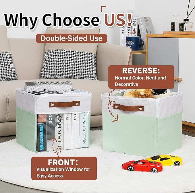 HNZIGE Clear Storage Cubes Bins 11 x 11, Fabric Storage Cube Bins for Storage Organizer,Shelf Storage Bin for Organizing, Cubby Foldable Cube Organizer Bin for Storage Blanket Home(White Green 6PCS)-BubblyBeeBaby