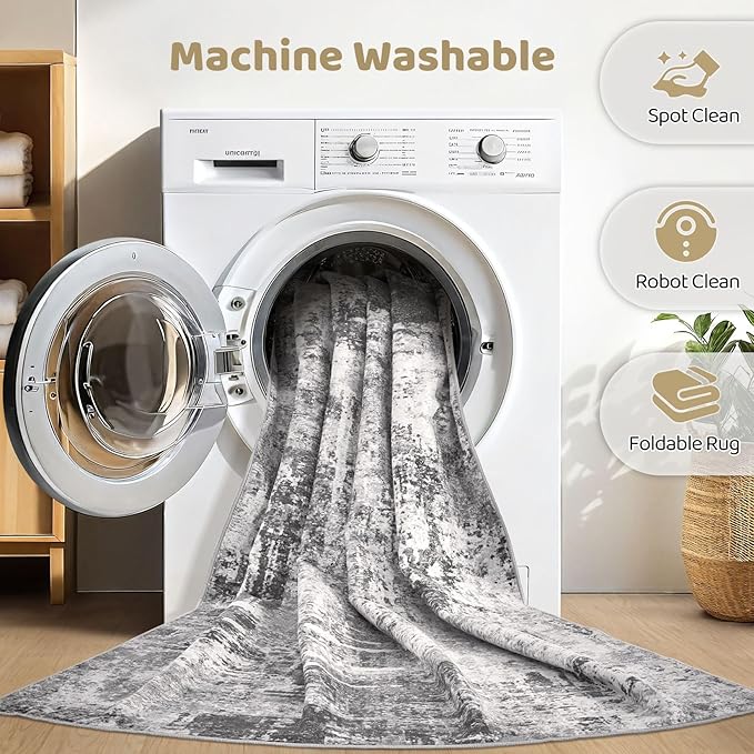 10x14 Area Rugs Living Room: Washable Large Abstract Modern Soft Rug Stain Resistant Indoor Floor Non Slip Accent Carpet for Bedroom Nursery Playroom Office Dining Room Dorm Home House- Black Grey-BubblyBeeBaby