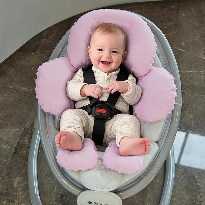 Pro Goleem Infant Car Seat Head Neck Body Support, Ultra-Soft Minky and Microfiber Newborn Car Seat Insert, Perfect for Car Seat, Stroller, 2-in-1 Reversible, Girls, Pink-BubblyBeeBaby