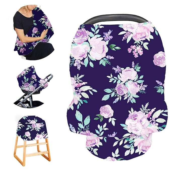 Carseat Cover Girls, Multiuse - Nursing Breastfeeding Covers, Purple Flower Theme, Car seat Canopy, Stretchy Soft Breathable-BubblyBeeBaby
