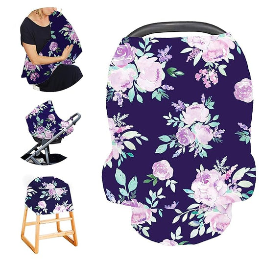 Carseat Cover Girls, Multiuse - Nursing Breastfeeding Covers, Purple Flower Theme, Car seat Canopy, Stretchy Soft Breathable-BubblyBeeBaby