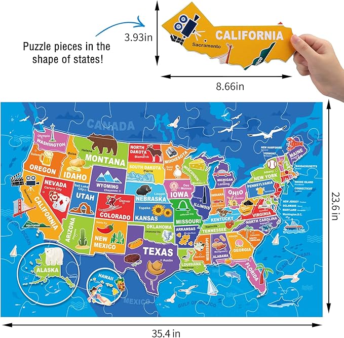 Jumbo Floor Puzzle for Kids,USA Map Puzzle Jigsaw Geography Puzzles,70 Piece US Map 50 States with Capitals,United States Puzzle for Ages 3-5,Preschool Learning Toys Gift for 4-8 Years Old-BubblyBeeBaby