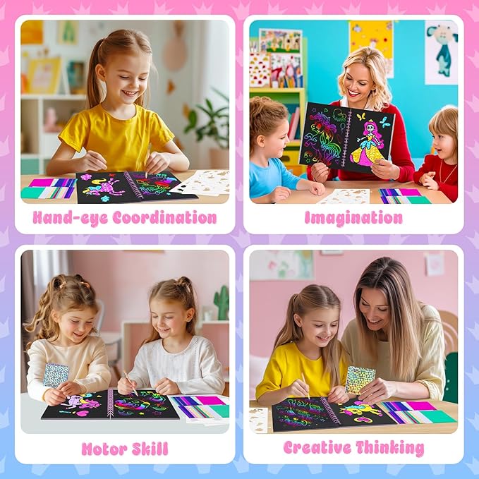 homicozy Art & Craft Activity for Kids: Foil Fun Unicorns and Princess & Scratch Art Book 2-in-1,No Mess Art Crafts for Girls,DIY Creative Activity Kit,Gifts for Girls Ages 4,5,6,7,8,9, Travel Toys-BubblyBeeBaby