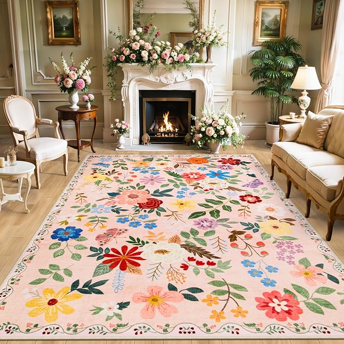 10x12 Area Rugs for Living Room: Floral Washable Rug Vintage Large Soft Boho Non-Slip Carpet Stain Resistant Low Pile Carpets for Bedroom Dining Room Farmhouse Nursery Hallway Home Office Beige-BubblyBeeBaby