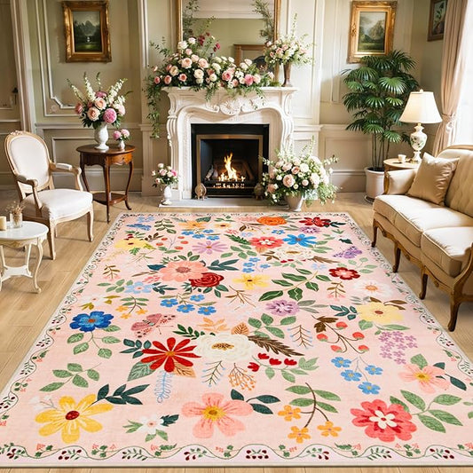 10x12 Area Rugs for Living Room: Floral Washable Rug Vintage Large Soft Boho Non-Slip Carpet Stain Resistant Low Pile Carpets for Bedroom Dining Room Farmhouse Nursery Hallway Home Office Beige-BubblyBeeBaby