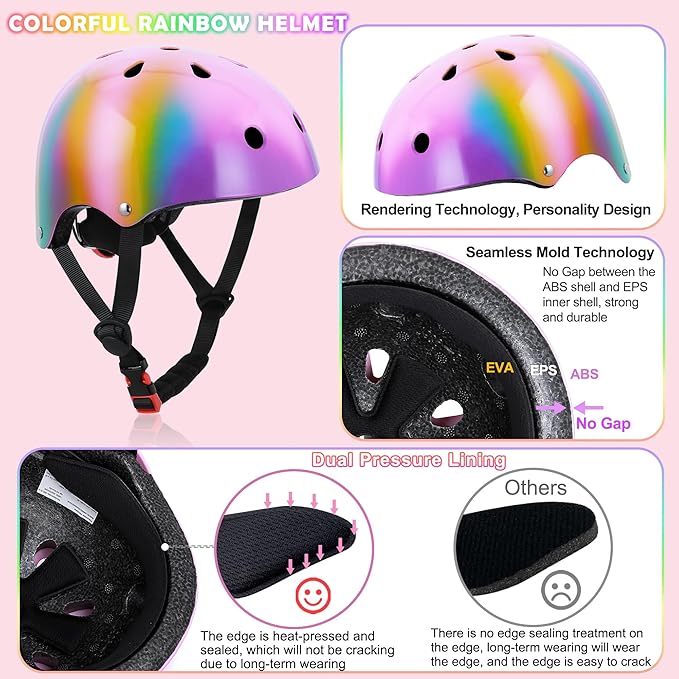 Kids Bike Helmet with DIY Stickers and Knee Pads Elbow Pads Wrist Guard Set for Ages 3-8-14 Toddler Boys Girls Helmet for Roller Skates Cycling Skateboarding Bicycle Scooter-BubblyBeeBaby