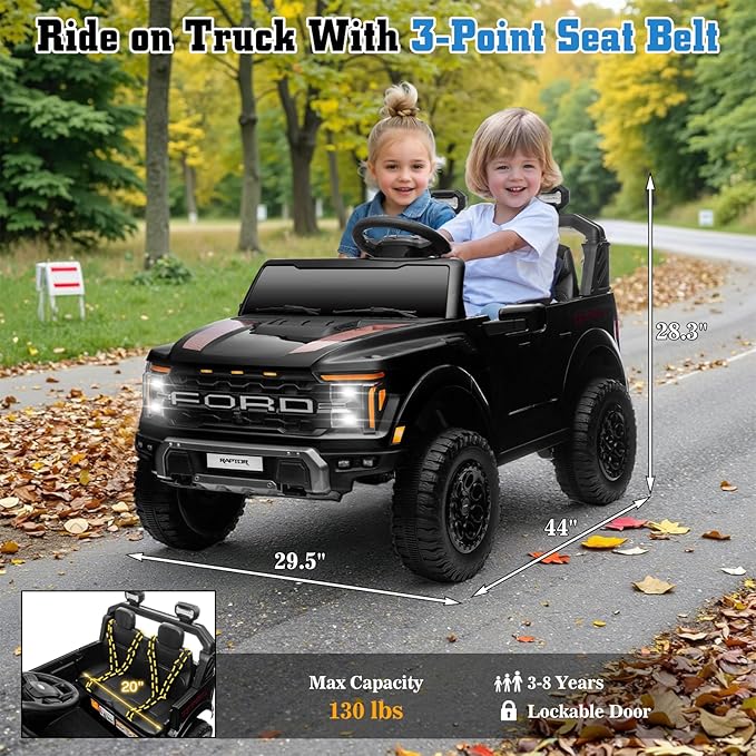 24V Ride on Car Licensed Ford F-150 Raptor, Kids Electric Car with Remote Control, LED Light/Music/MP3, Truck Bed Storage, 3-Point Seat Belt (24V, Black)-BubblyBeeBaby
