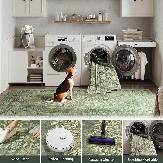 jinchan Vintage Floral Runner Rug 2x5 - Machine Washable Distressed Design Non-Slip Low-Pile Soft Thin Carpet for Hallway Kitchen Farmhouse Bedroom Entryway Laundry Room (2x5ft,Dark Green)-BubblyBeeBaby