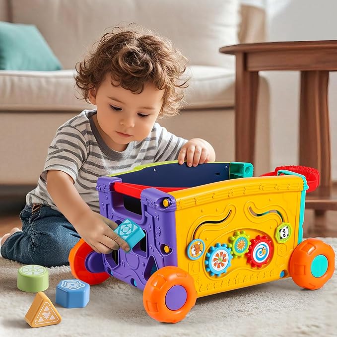 Interactive Learning Push Walker Toy for Toddlers, Musical Activity Wagon with Handle, Educational Rolling Cart with Blocks-BubblyBeeBaby