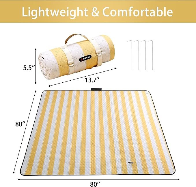 HX&OD Outdoor Picnic Blanket Extra Large, 80''*80'' Waterproof Picnic Mat with Stakes Foldable Camping Blanket Portable with Carry Strap for Beach Mat (Yellow& White, 80''*80'')-BubblyBeeBaby