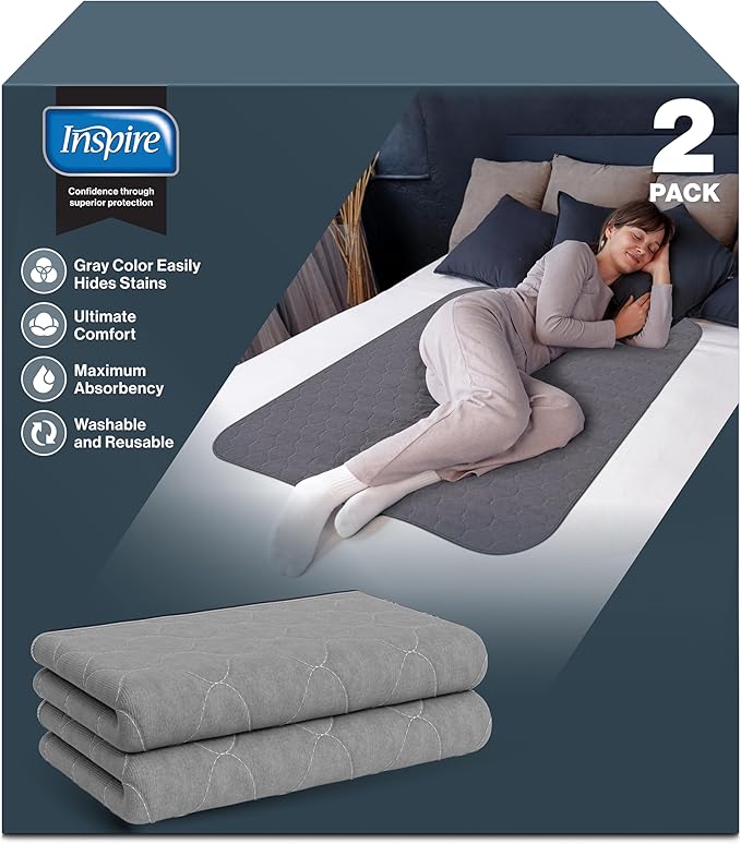 Inspire Underpads | Stain Hiding Gray Reusable Incontinence Bed Pads | Waterproof Mattress Pad | for Adults Babies and Dogs (34 X 36 - 2 Pack)-BubblyBeeBaby