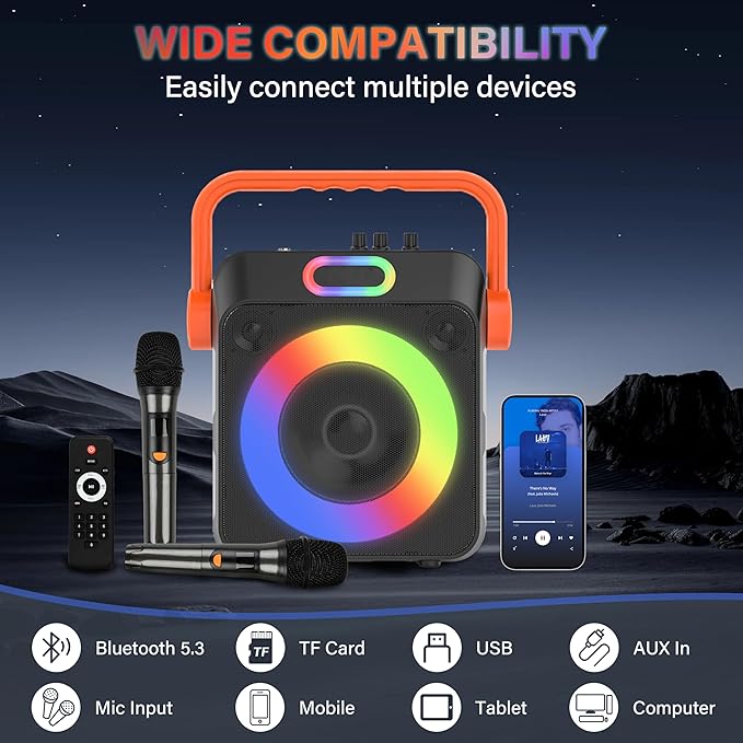 Karaoke Machine with 2 Wireless Microphones, Karaoke Machine for Adults & Kids, Portable Bluetooth Karaoke Speaker with Bass/Treble Adjustment, PA System, LED Lights, Supports TWS/USB/TF/REC/FM/AUX-BubblyBeeBaby