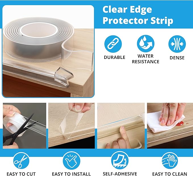 15ft Transparent Soft Edge Guard & Self-Stick Corner Protectors for Child Proofing Furniture, Glass Tables and Desk Edges - Clear Protection Solution for Baby Safety-BubblyBeeBaby