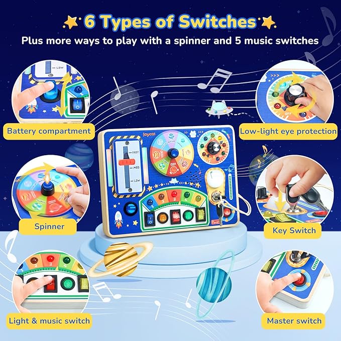 JoyCat Busy Board with Led Light, Toddler Toys for 1 2 3 4 Year Old Boys and Girls, Wooden Sensory Toys with Music, Travel Toy for Toddlers 1-3, Birthday Presents (Blue)-BubblyBeeBaby