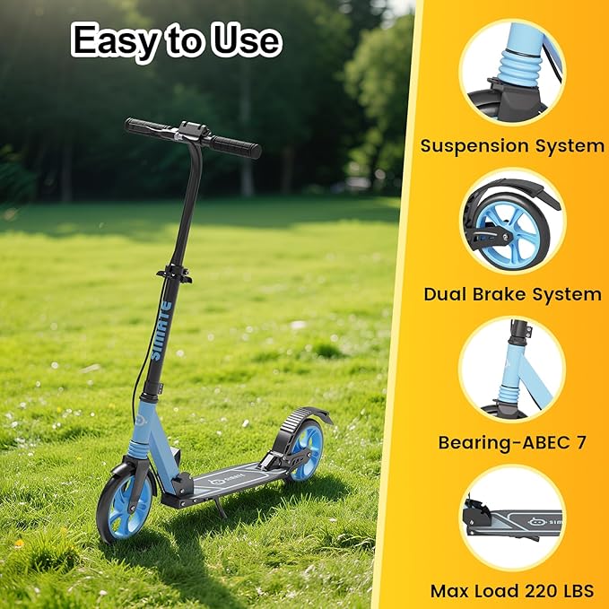 Kick Scooter for Kids Teens & Adults, 4 Adjustable Heights, 8IN All Terrain Big Wheels, Dual Brakes & Dual Suspension, Foldable and Lightweight, Gifts for Girls Boys-BubblyBeeBaby