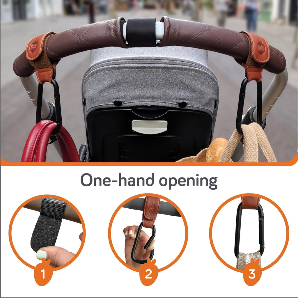 Baby Uma Stroller Hooks for Bags (2 Pack) - Leather-Style Stroller Clips and Hooks, Non-Slip Stroller Accessories, Carry 11 lbs Per Stroller Hook, Universal Baby Essentials & Stroller Accessories