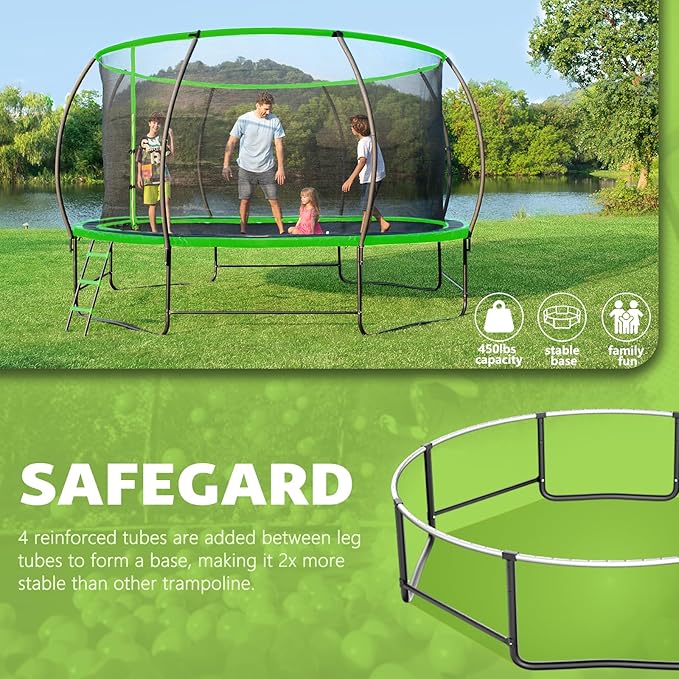 14FT 12FT 10FT 16FT Trampoline with Safety Enclosure, Anti-Rust Coating – ASTM Certified, Heavy-Duty Outdoor Trampoline with Ladder – for Kids & Adults-BubblyBeeBaby