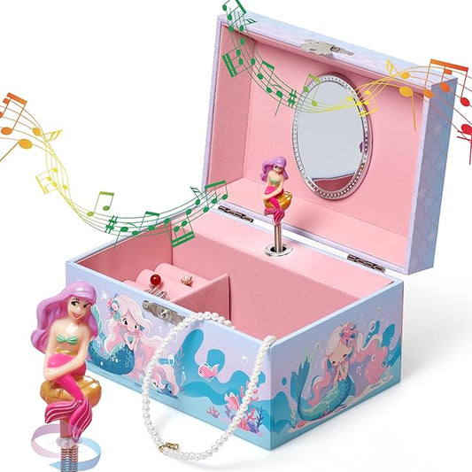 Jewelkeeper Girls Musical Jewelry Box - Durable Pine Fiberboard with Soft Pink Lining - Kids Jewelry Box - The Beautiful Dreamer Tune - Gifts for Girls - Mermaid Jewellery Box - 6x4x3.5in-BubblyBeeBaby