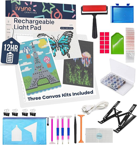 iVyne Rechargeable A4 Light Pad for Diamond Painting & Art Projects – LED Light Board with Diamond Art Accessories – Ultra-Thin & Portable Diamond Dot Light Board, Perfect for Artists - White-BubblyBeeBaby