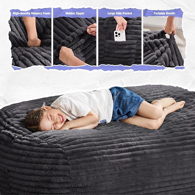 Hobestluk 3FT Bean Bag Chairs Adult Bean Bag with Portable Handle Comfy Large Bean Bag Chair with Removable Cover for Living Room Bedroom or Reading Nook (Stripe Dark Grey, 3FT)-BubblyBeeBaby