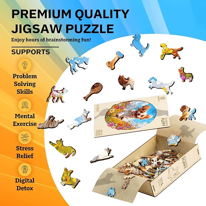 Jigfoxy Wooden Puzzles for Adults, Running Puppy Wood Puzzles Adult, Unique Animal Shape Wooden Jigsaw Puzzles for Adults, Birthday Gifts for Puzzle Lovers, Family, Friend (S-8 * 8.3in-108pcs)-BubblyBeeBaby