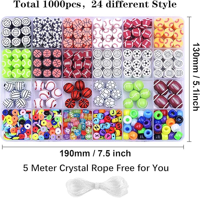 1000PCS Sports Ball Polymer Clay Beads Charms for Friendship Bracelets Making Kit Cute Fun Beads DIY Arts Crafts Birthday Gifts for Kids Girls Baseball Basketball Soccer Rugby Volleyball Football Bead-BubblyBeeBaby