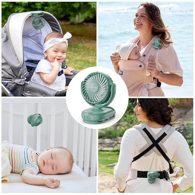 Momcozy Portable Fan with Clip | 4-Speed Mini-Fan for Carrier | Personal Fans Ultra Lighter 0.26lb | Gaps ≤4.5mm | Handheld Cooling | Rechargeable Rotate for Diaper Backpack/Stroller/Carrier/Chair-BubblyBeeBaby