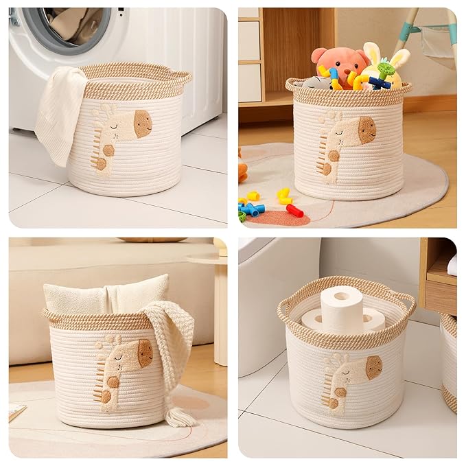 INough Toy Storage Baskets Woven Cotton Rope Storage Basket for Kids, Blanket Baskets for Living Room Toys Organizer with Embroidery Decor, Cute Baskets with Handle for Nursery, Playroom (Giraffe)-BubblyBeeBaby