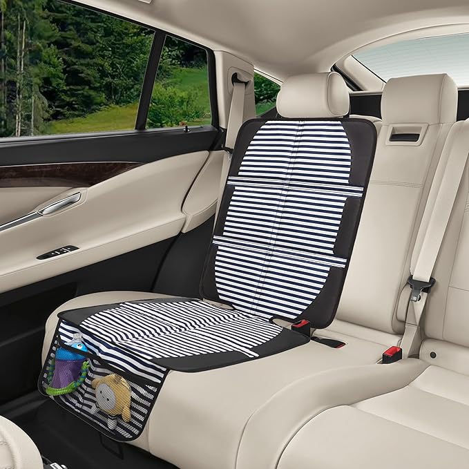 Car Seat Protector for Child Car Seat, 2 Pack Baby Car Seat Covers with Mesh Pockets & Non-Slip Backing 600D Durable Seat Protector Under Baby Car Seat for Car Back Seat (Stripe, Large)-BubblyBeeBaby