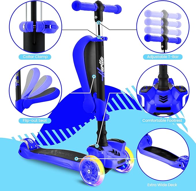 Hurtle 3-Wheeled Scooter for Kids - Wheel LED Lights, Adjustable Lean-to-Steer Handlebar, and Foldable Seat - Sit or Stand Ride with Brake for Boys and Girls Ages 1-14 Years Old-BubblyBeeBaby