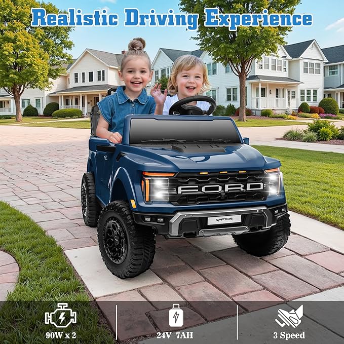 24V Ride on Car Licensed Ford F-150 Raptor, Kids Electric Car with Remote Control, LED Light/Music/MP3, Truck Bed Storage, 3-Point Seat Belt (24V, Blue)-BubblyBeeBaby