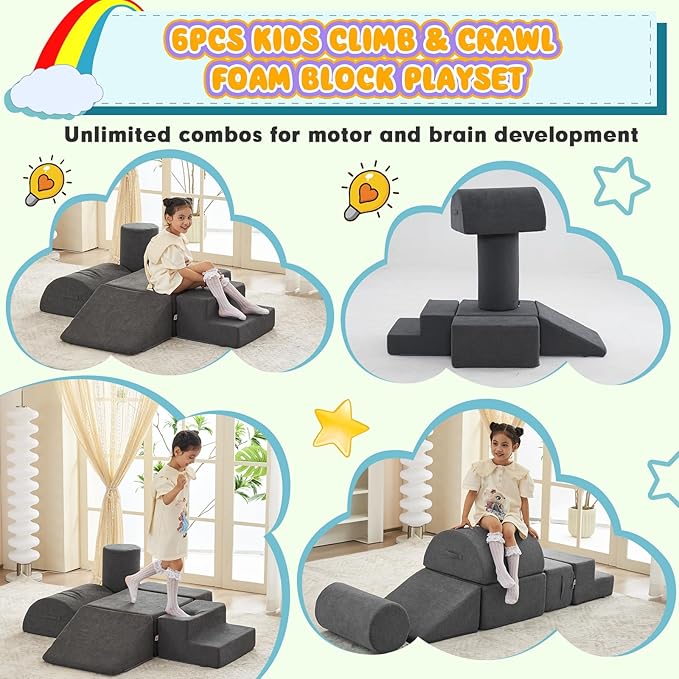 jela Foam Blocks 6Pcs Soft Play Equipment Luxury Miss Fabric, Toddler Climbing Toys Indoor Soft Play Climbing for Toddlers, Lightweight Climbing Blocks for Babies, Kids, Climb and Crawl Foam Playset-BubblyBeeBaby