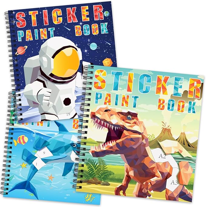 homicozy 3PCS Sticker Paint Books for Kids Ages 4-10,Dinosaur Astronaut Ocean Animals Designs Paint by Stickers,Sticker by Numbers,Party Birthday Gifts for Boys 4-10,Create 30 Pictures at a Time-BubblyBeeBaby